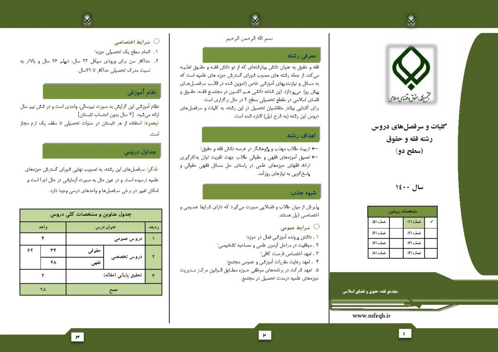 معرفی رشته سطح های تحصیلی در مجتمع فقه، حقوق و قضای اسلامی 8 بروشور 1 فقه و حقوق سطح 2 1