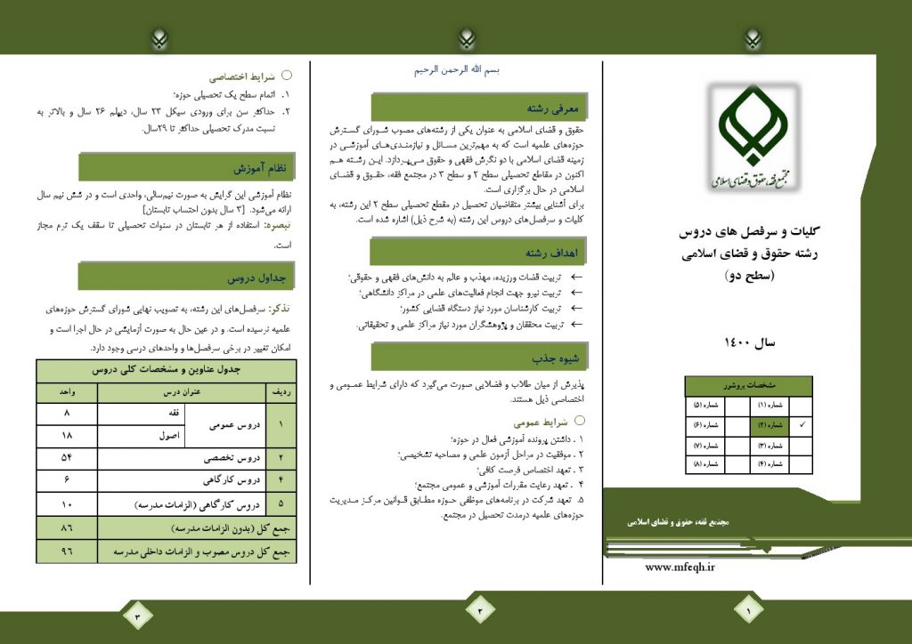 معرفی رشته سطح های تحصیلی در مجتمع فقه، حقوق و قضای اسلامی 2 بروشور 2 حقوق و قضاي اسلامي سطح 2 1