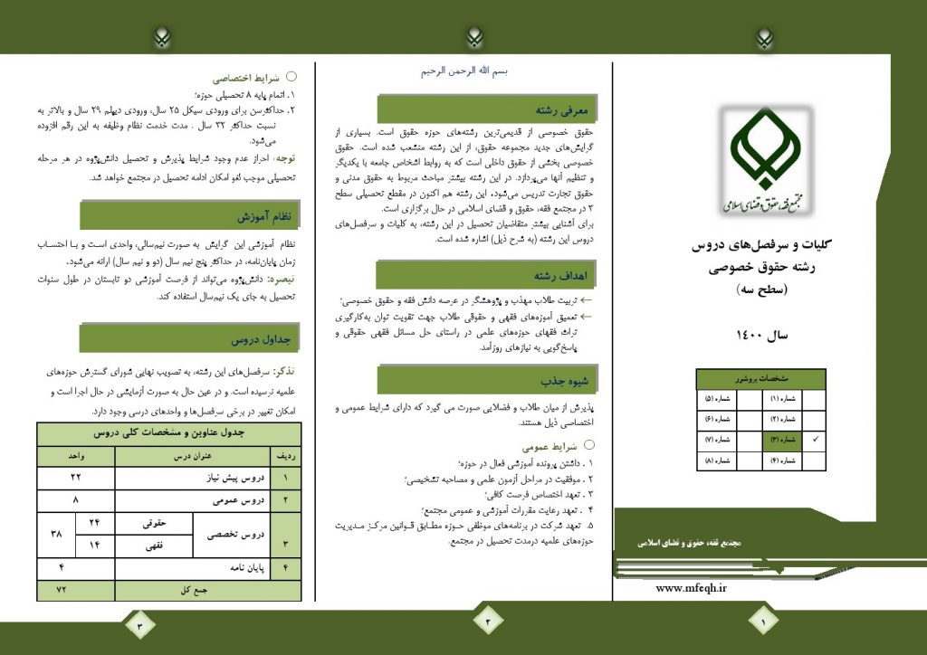 معرفی رشته سطح های تحصیلی در مجتمع فقه، حقوق و قضای اسلامی 4 بروشور 3 حقوق خصوصي سطح 3 1